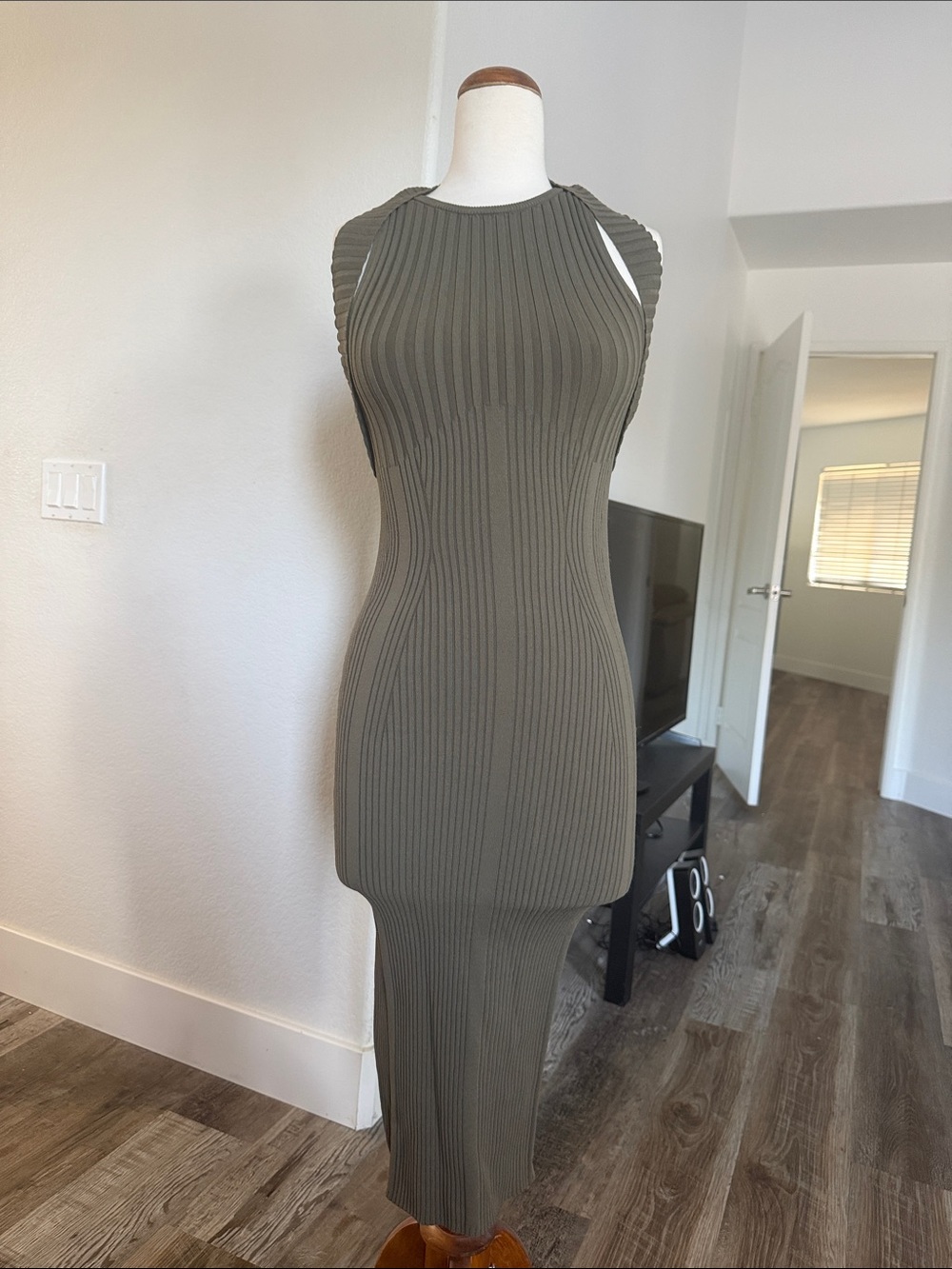 Express Olive Ribbed Sleeveless Midi Dress